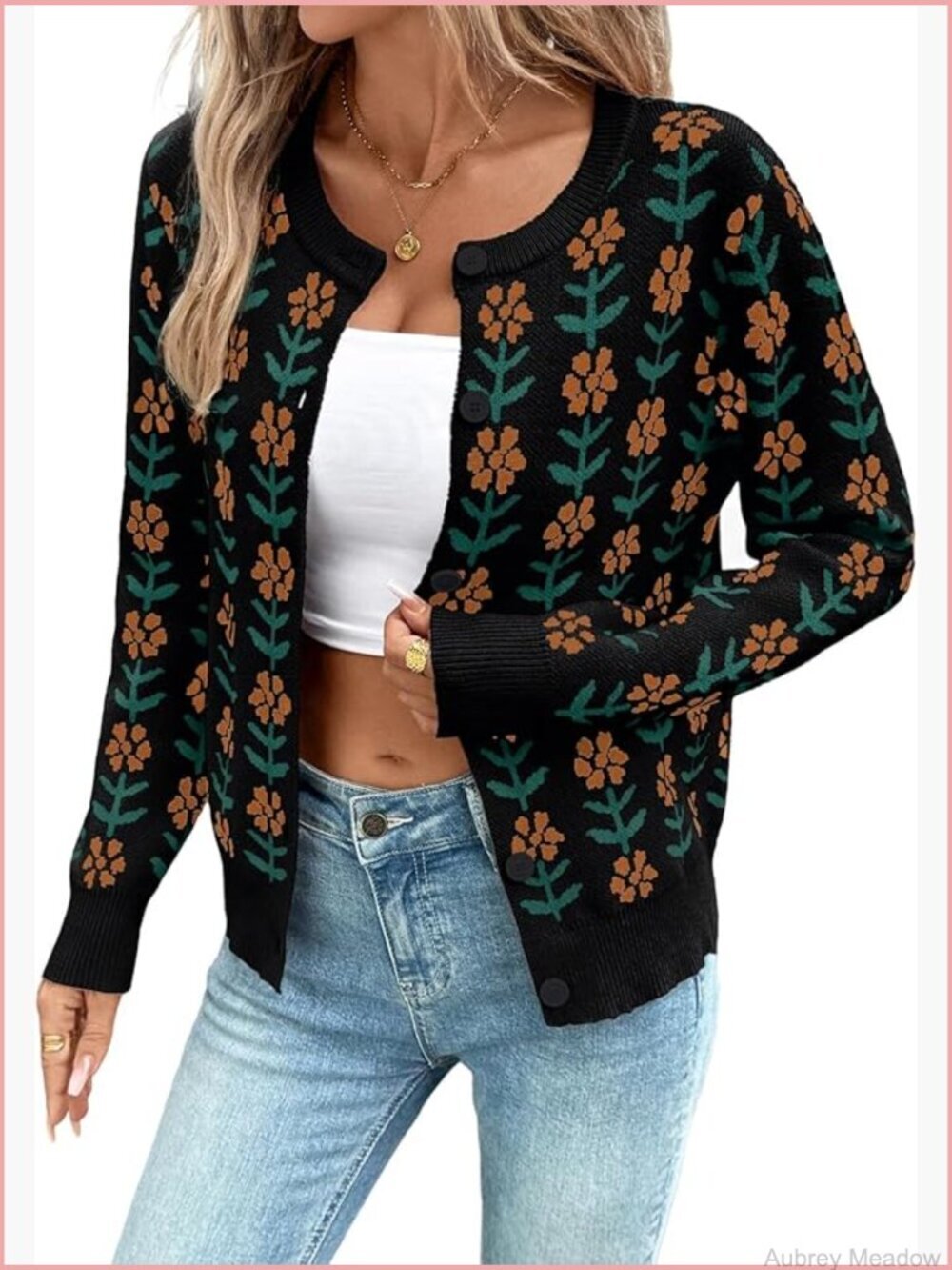 Women's Cropped Cardigan Sweater Floral Knit Button Down Long Sleeve